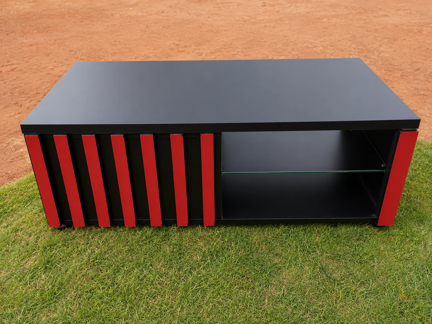 Front view of black and red custom coffee table