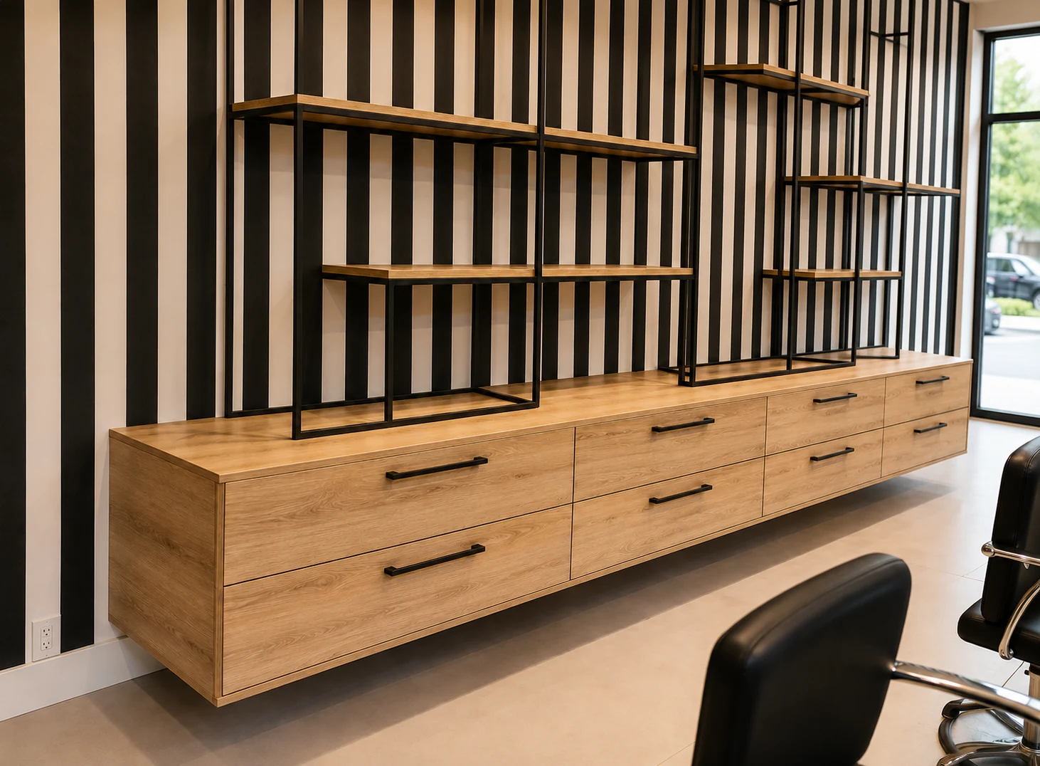 Custom salon shelving and drawer storage installation
