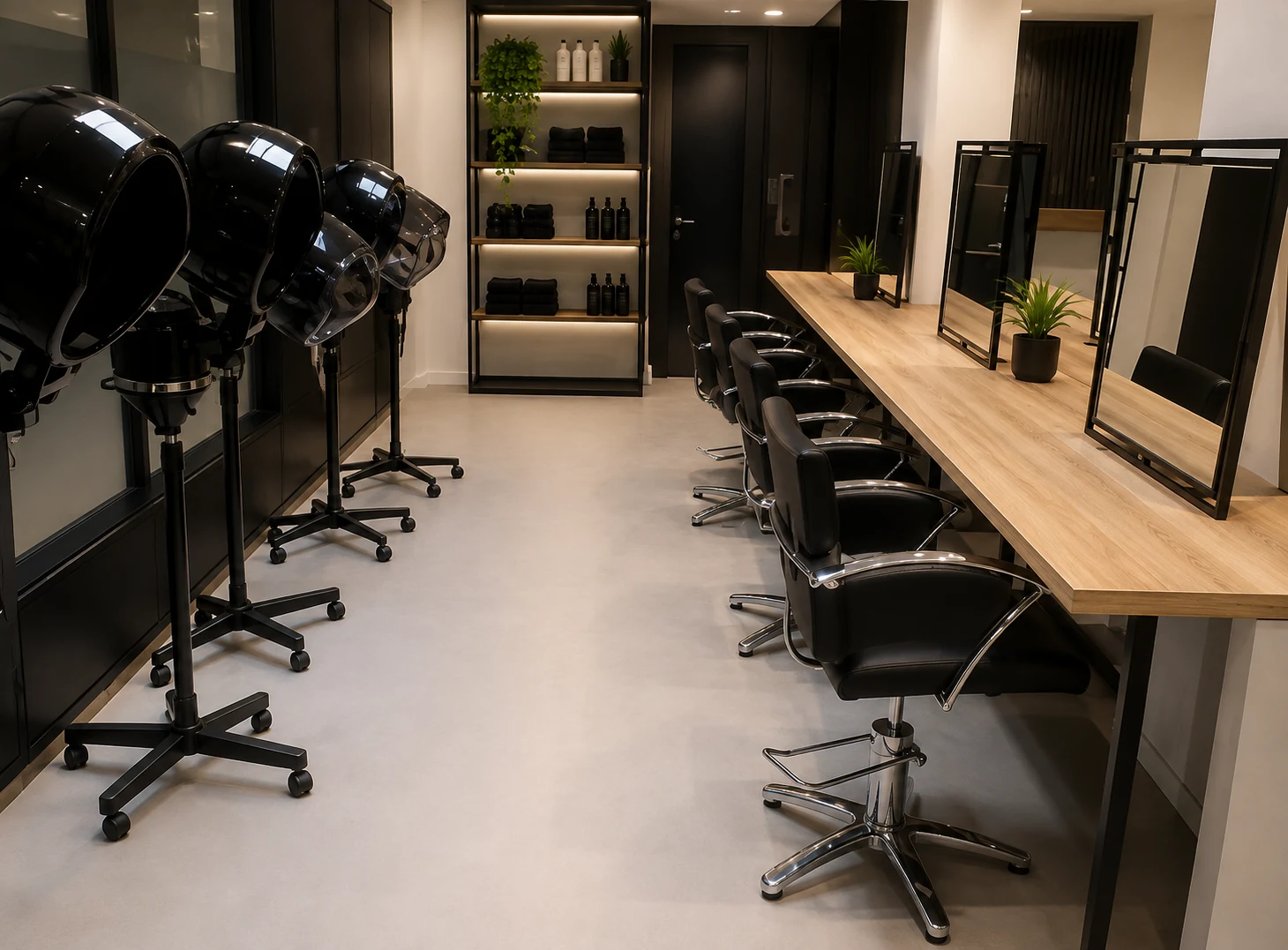 Complete custom salon furniture and styling workstation installation