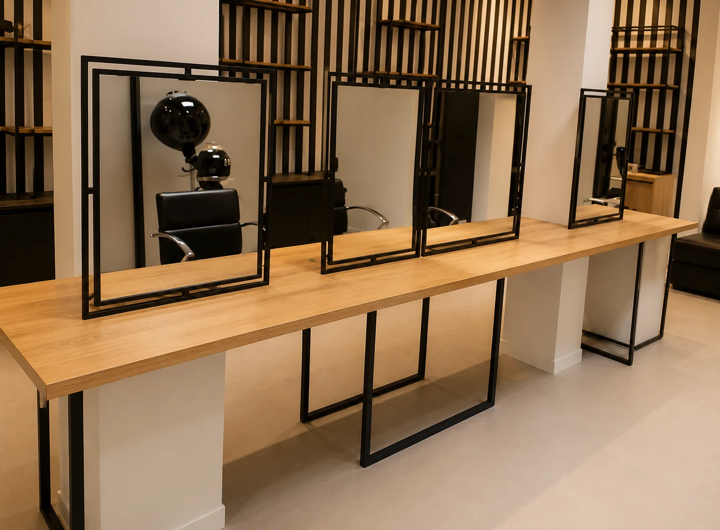 Custom salon styling station with mirrors and timber worktop