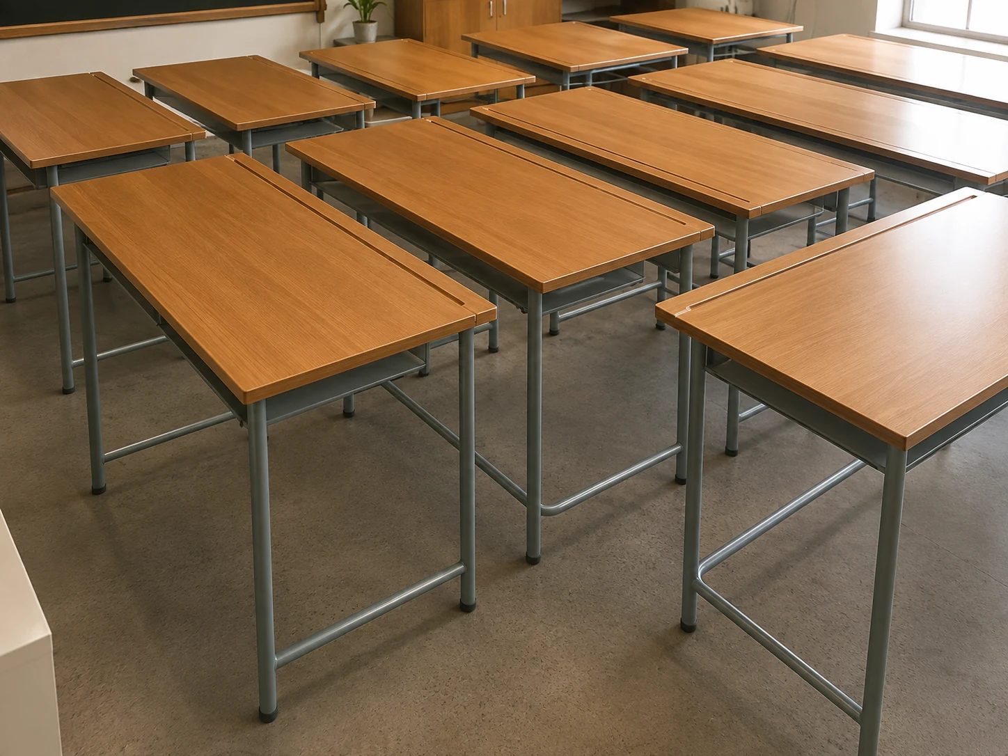 Custom classroom desks arranged in a modern learning space