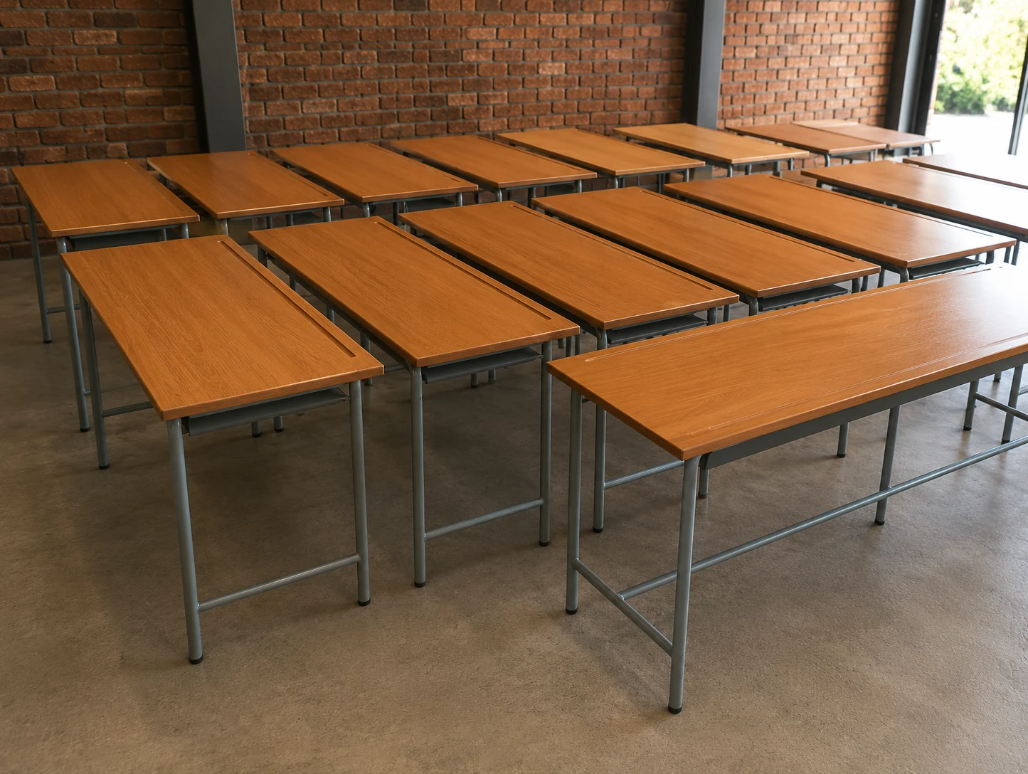 Wide view of custom educational desks with steel frames