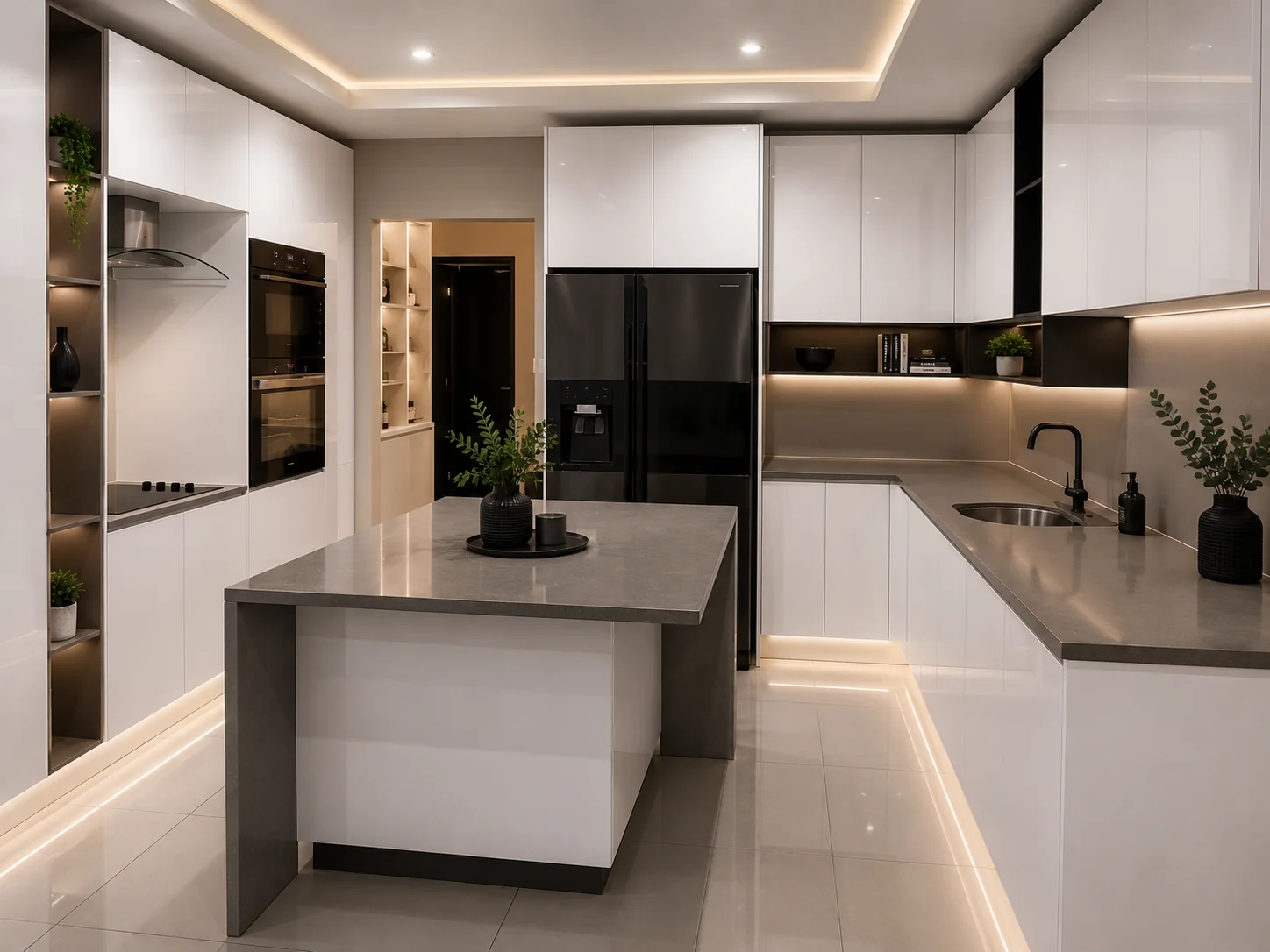 White gloss island kitchen wide view