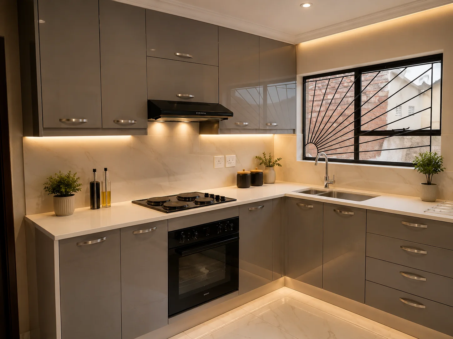 Grey gloss kitchen corner view
