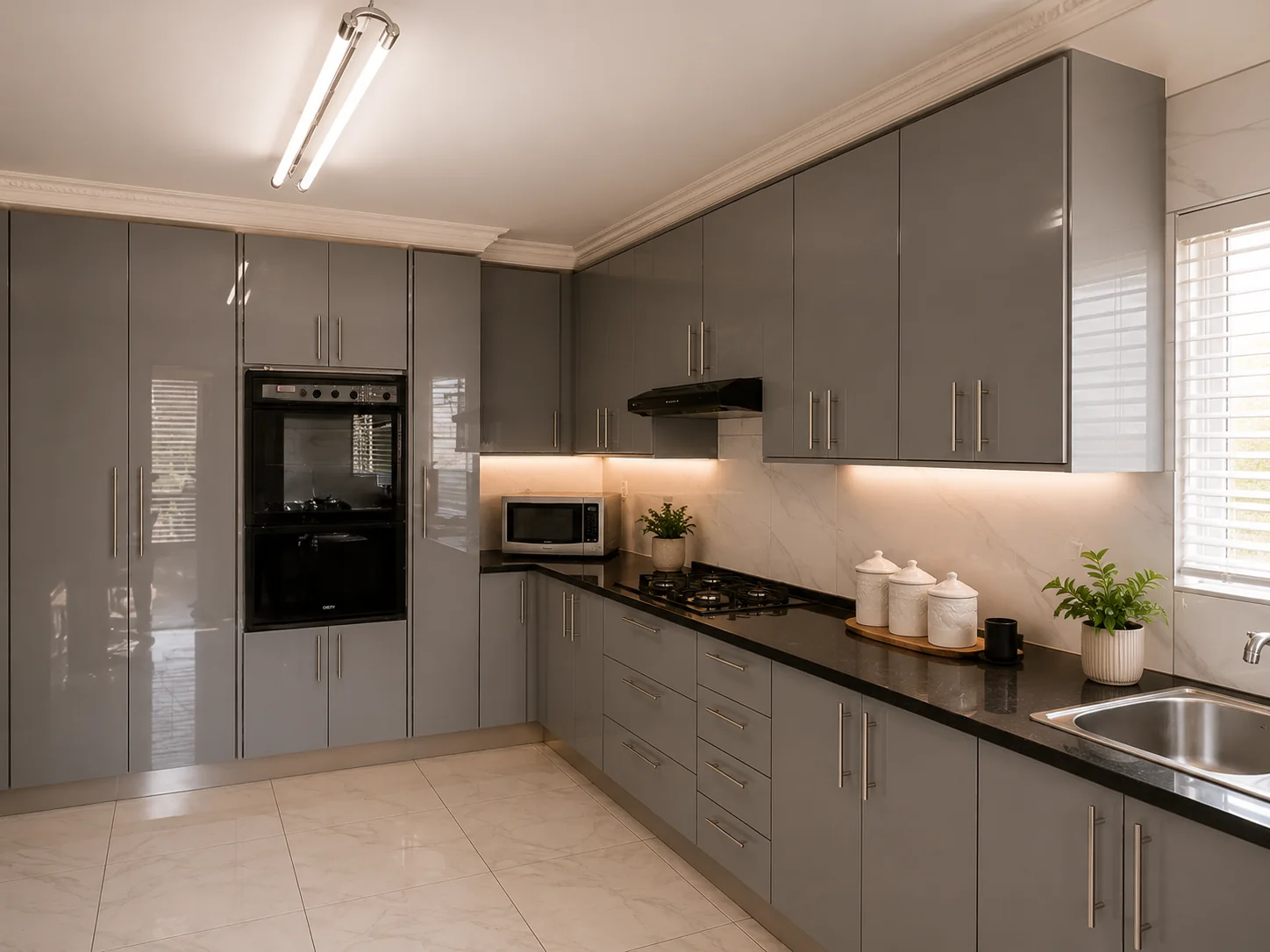 Grey gloss kitchen appliance and counter view