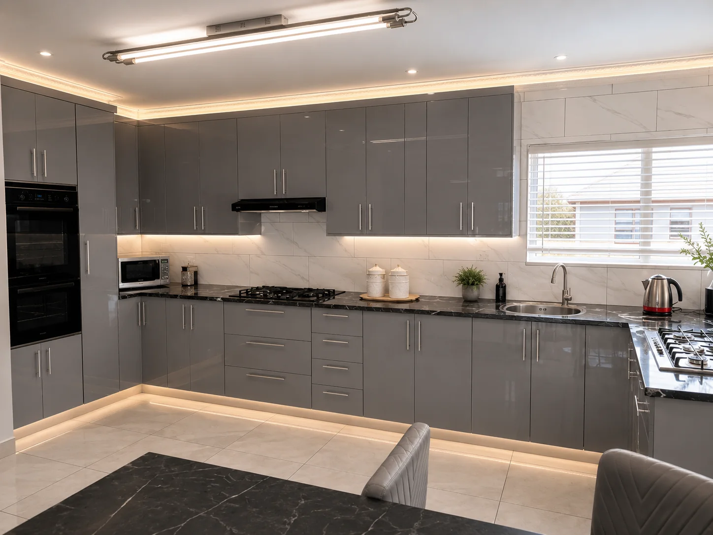Grey gloss kitchen wide view