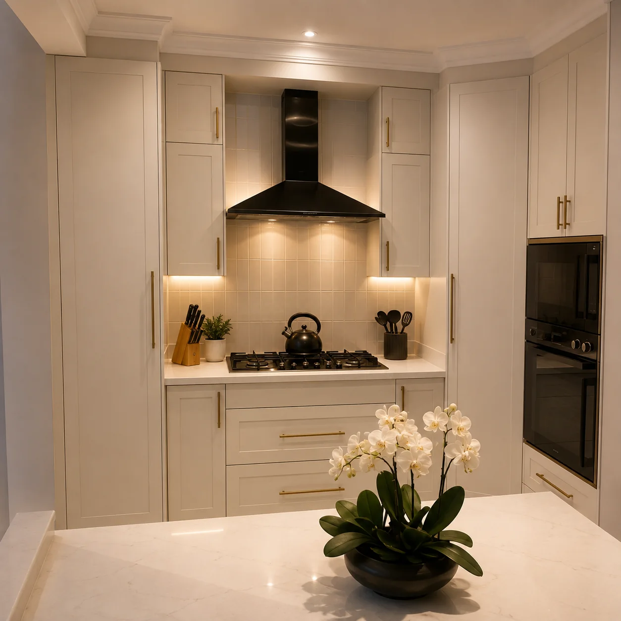Classic white kitchen cooking and island view