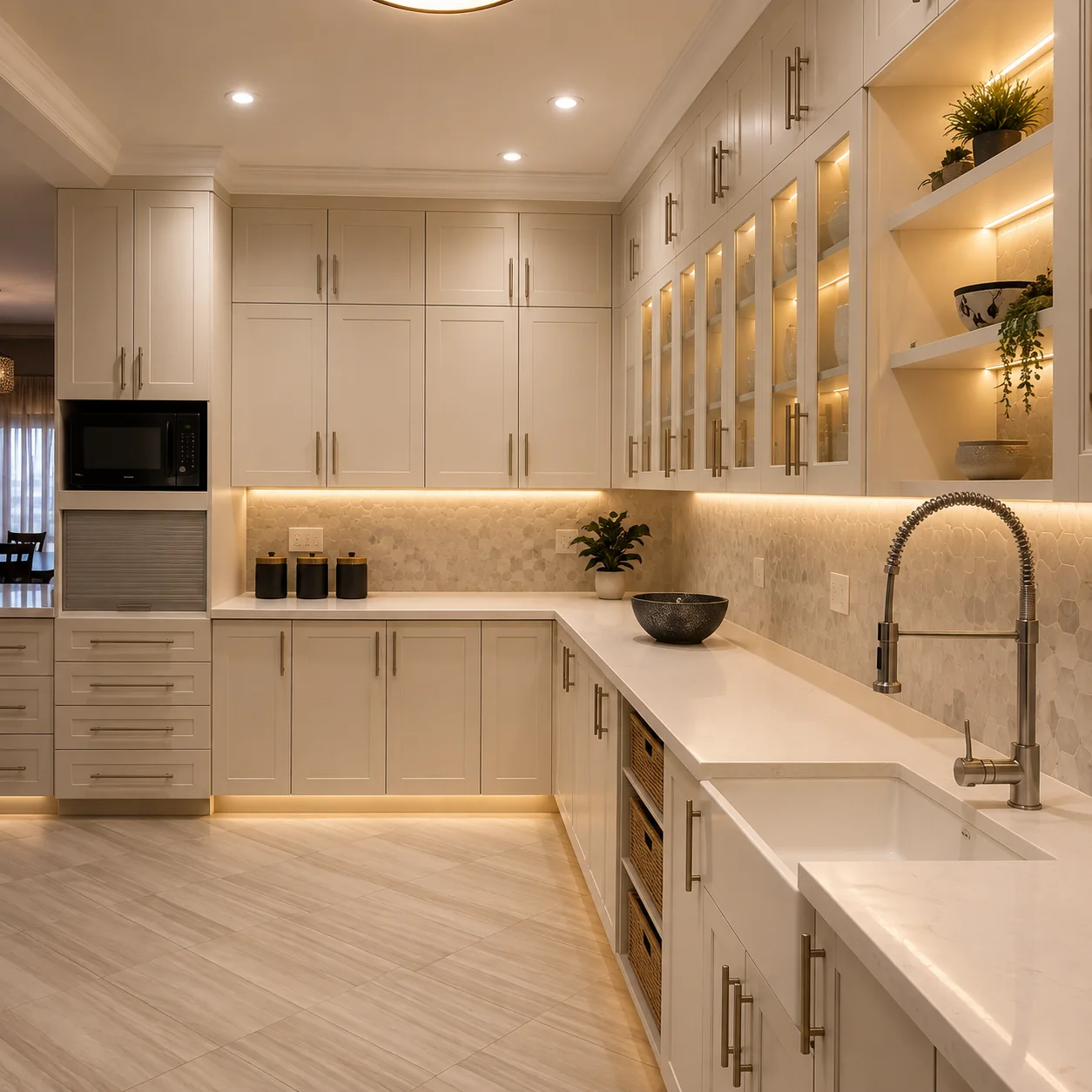 Classic white kitchen sink and display cabinetry view