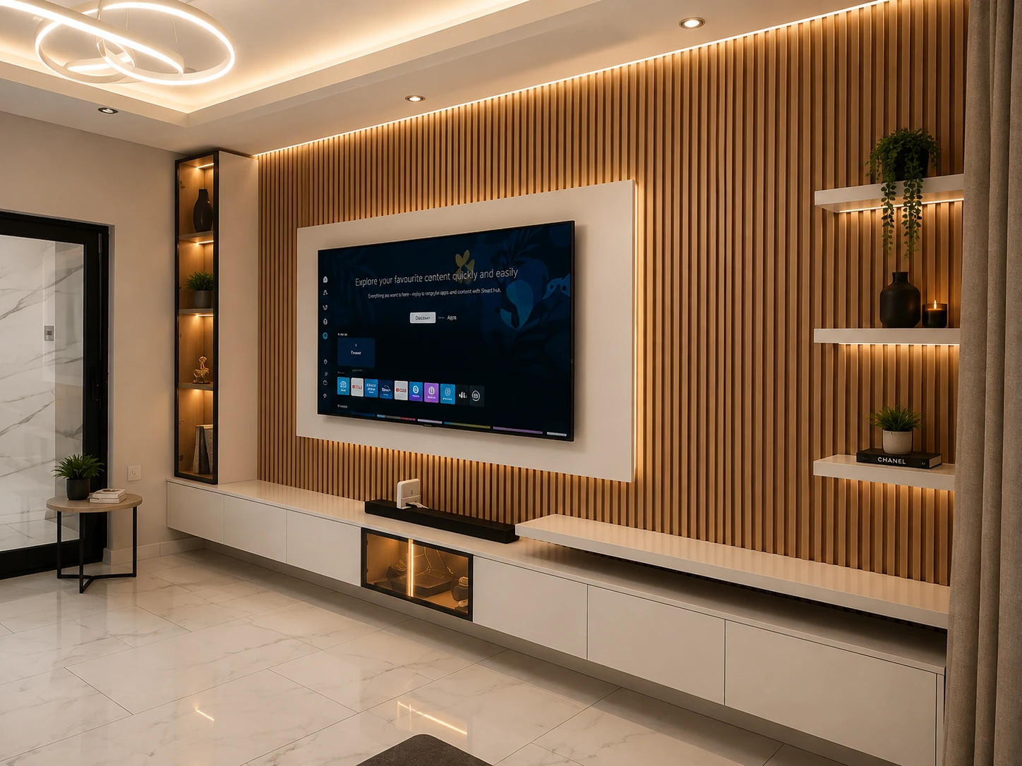 Custom TV unit and slatted feature wall by TT Home Furnishings