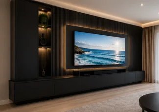 Matte black TV unit left angle view