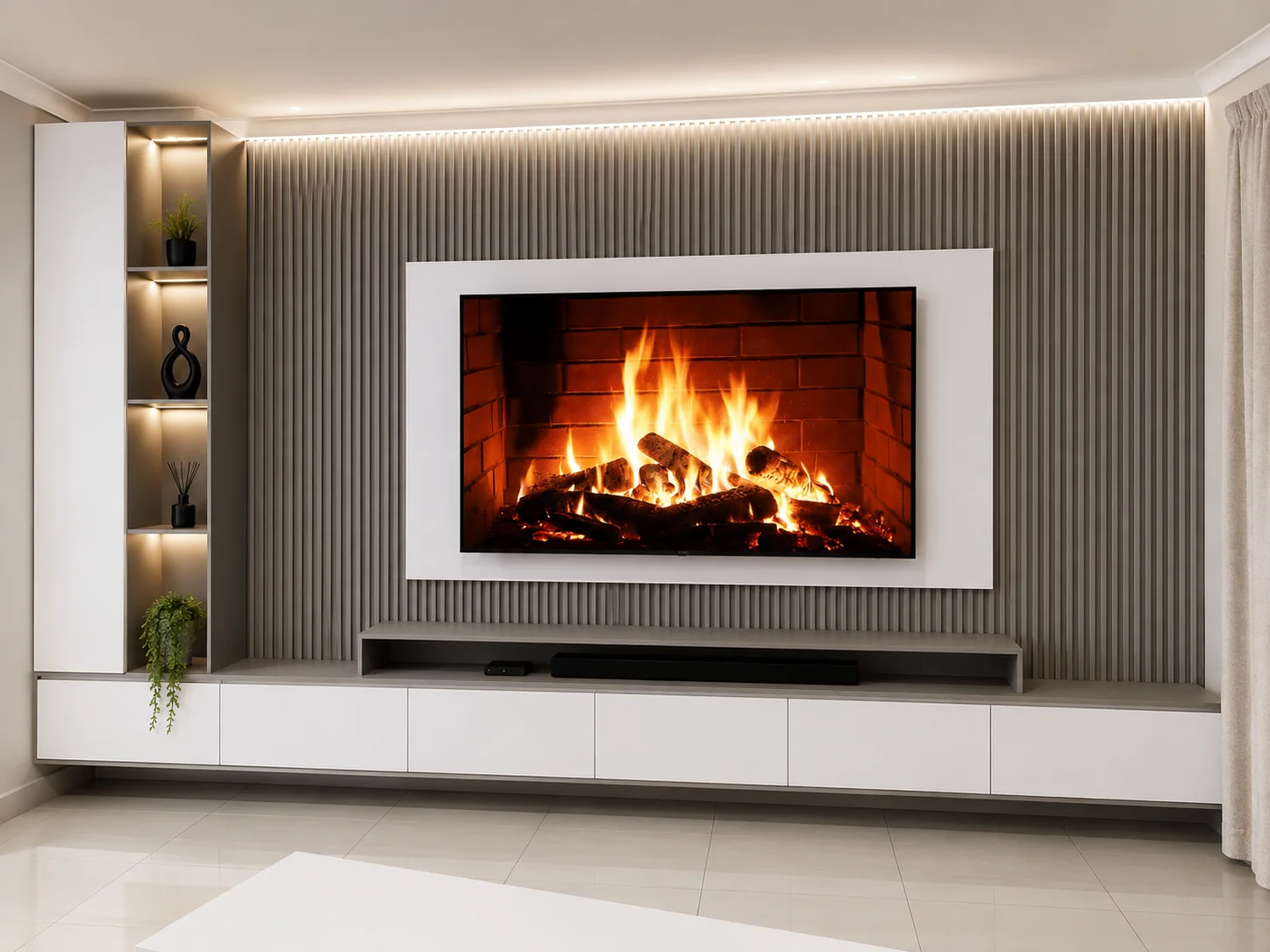 Light neutral TV unit front view with fireplace display