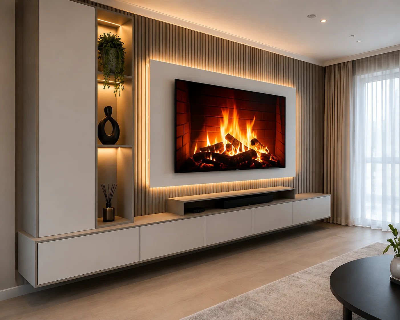 Light neutral TV unit left angle with fireplace display