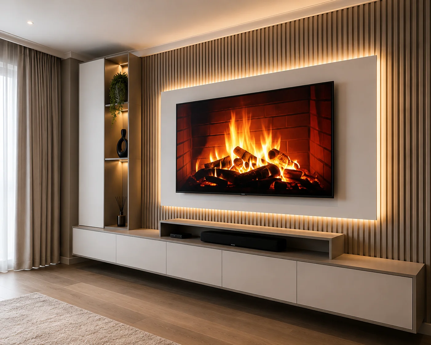 Light neutral TV unit right angle with fireplace display