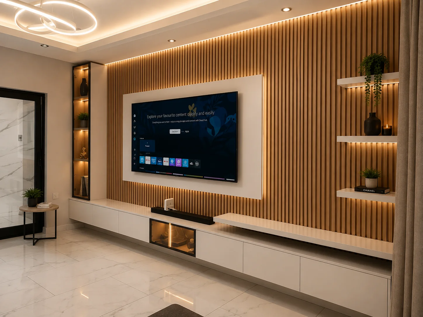 Warm wood slat TV unit front view