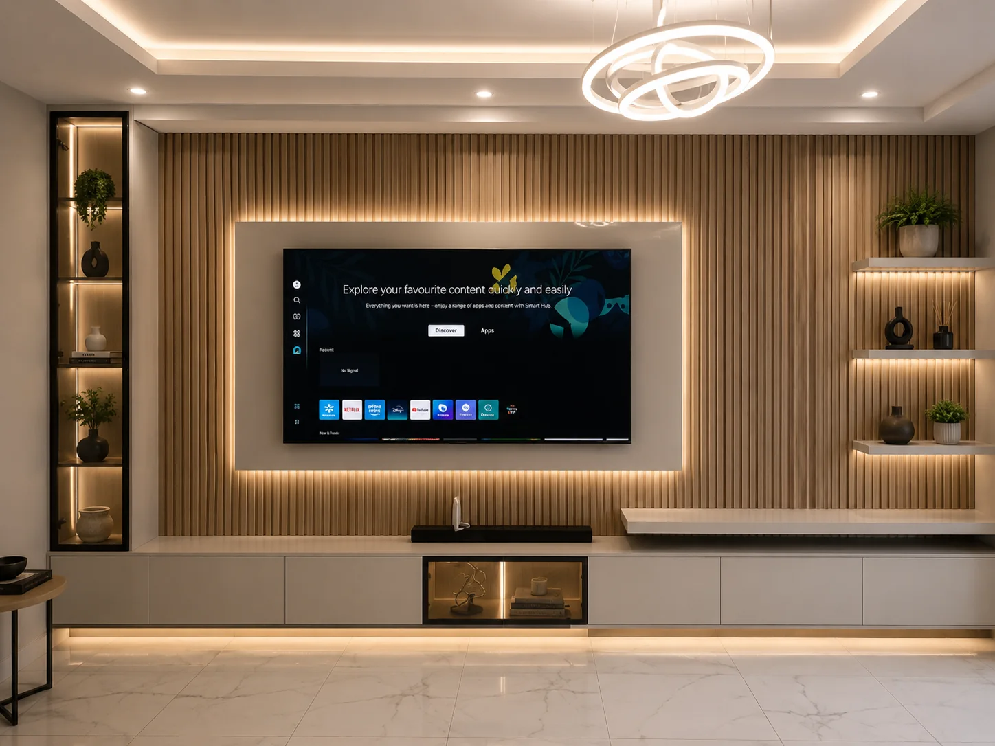 Warm wood slat TV unit straight-on view