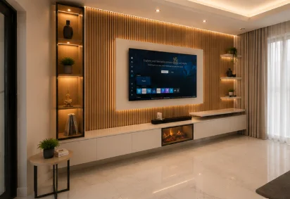Warm wood slat TV unit wide angle view