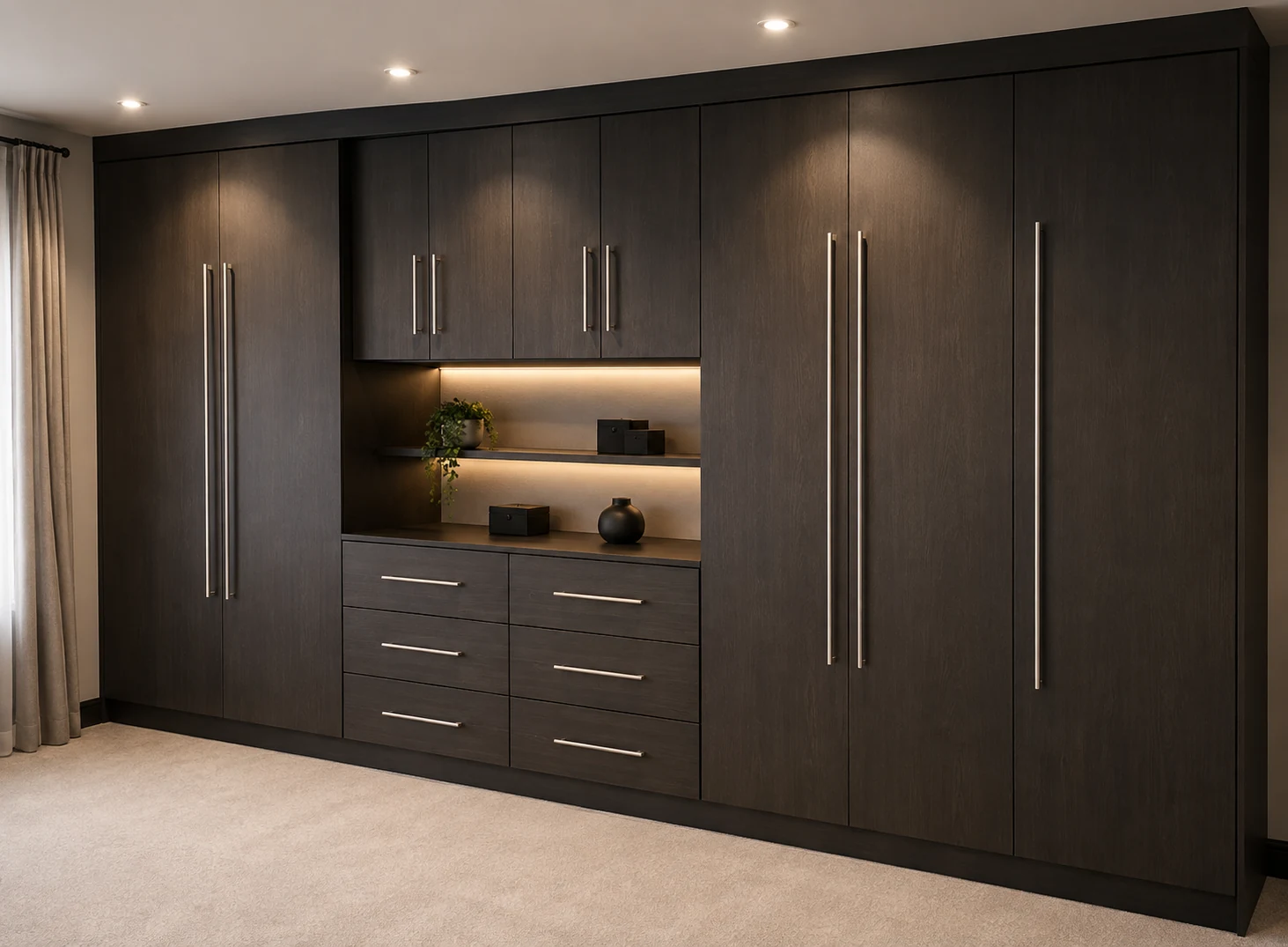 Charcoal built-in wardrobe with illuminated display shelving