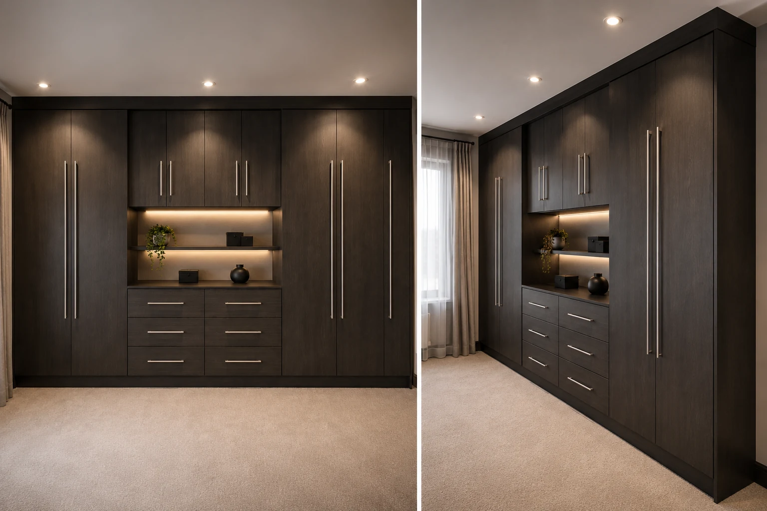 Charcoal built-in wardrobe shown from front and side angles