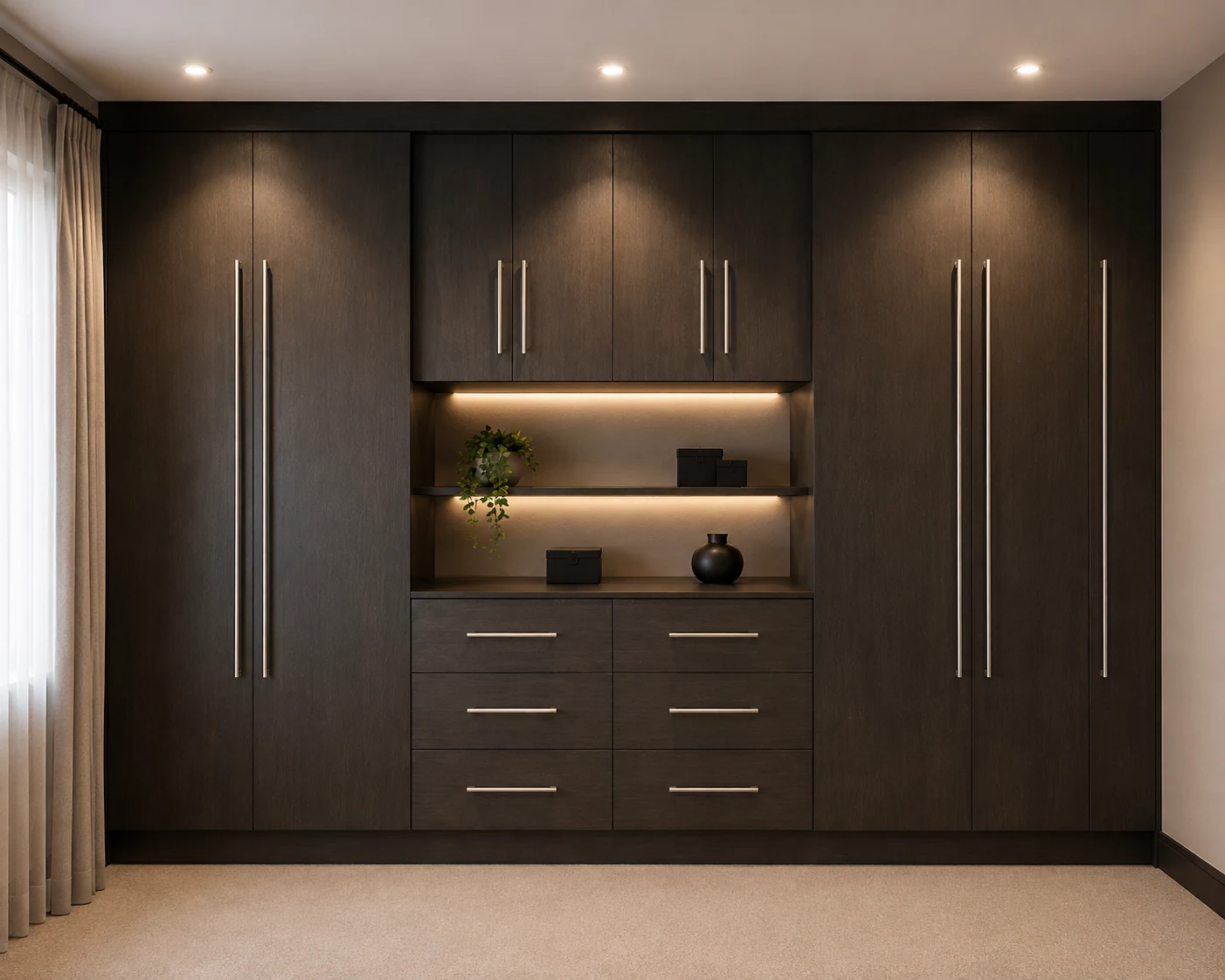 Wide front view of charcoal built-in wardrobe