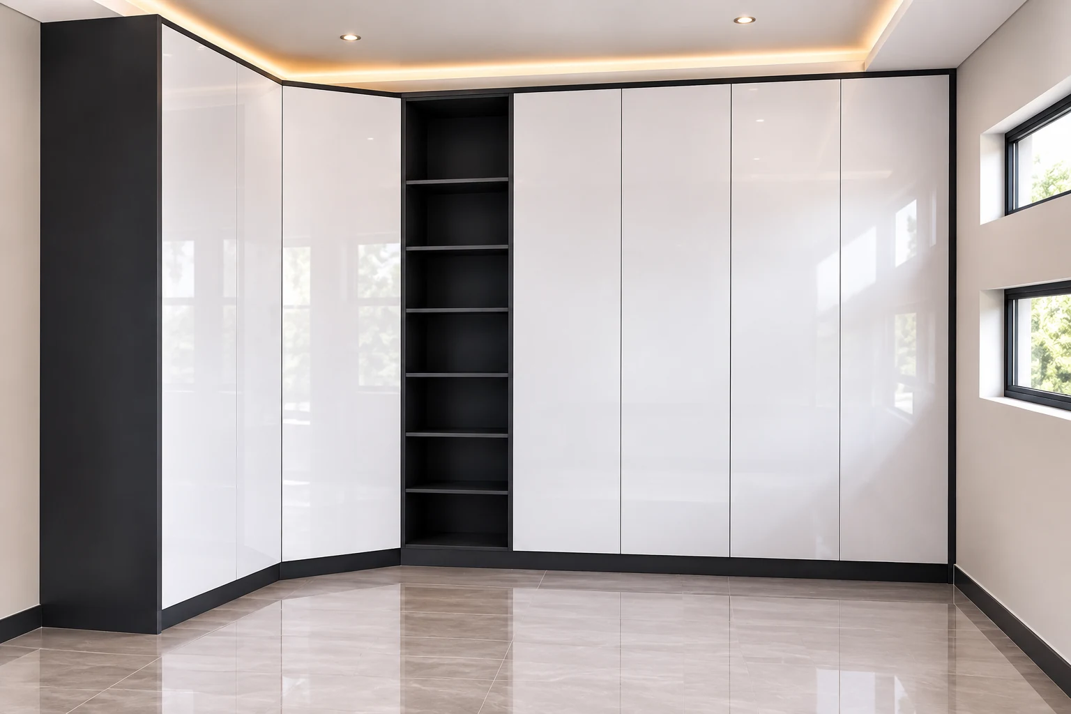 Gloss white corner wardrobe with black shelving
