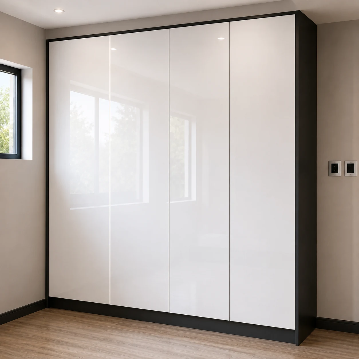 Gloss white handleless wardrobe with black surround