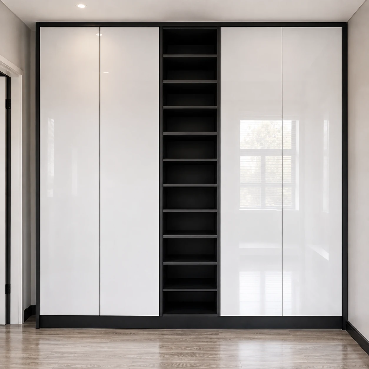Gloss white wardrobe with central open shelving