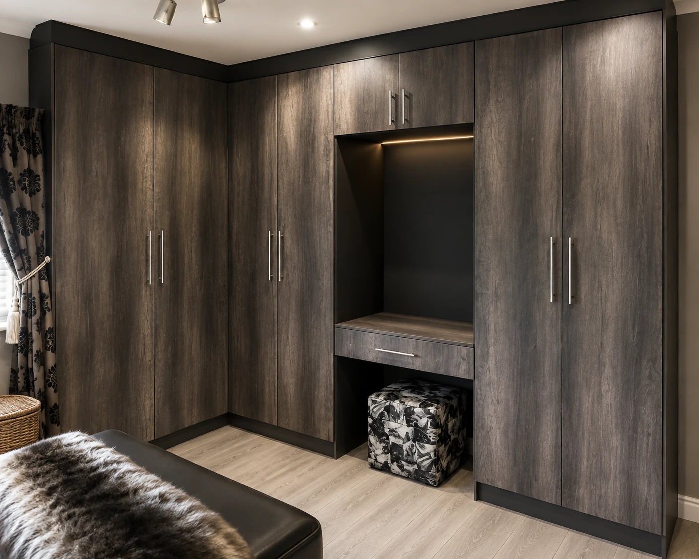 Woodgrain corner wardrobe with integrated dressing table