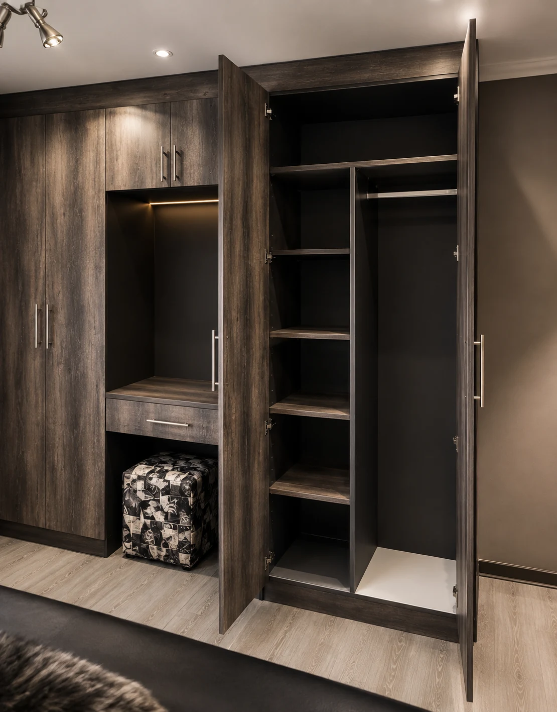 Open woodgrain wardrobe showing shelves and hanging space